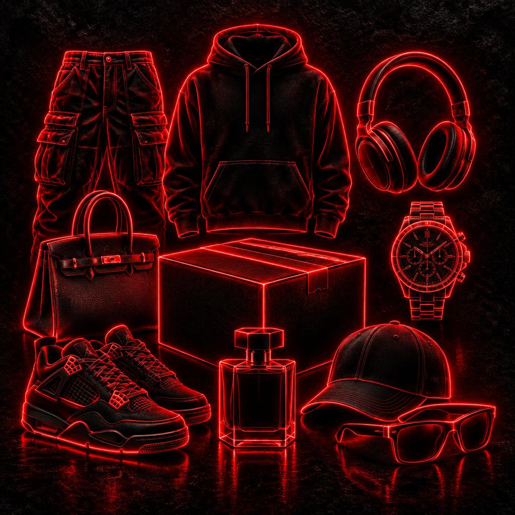 Red neon collection of fashion and ecommerce products